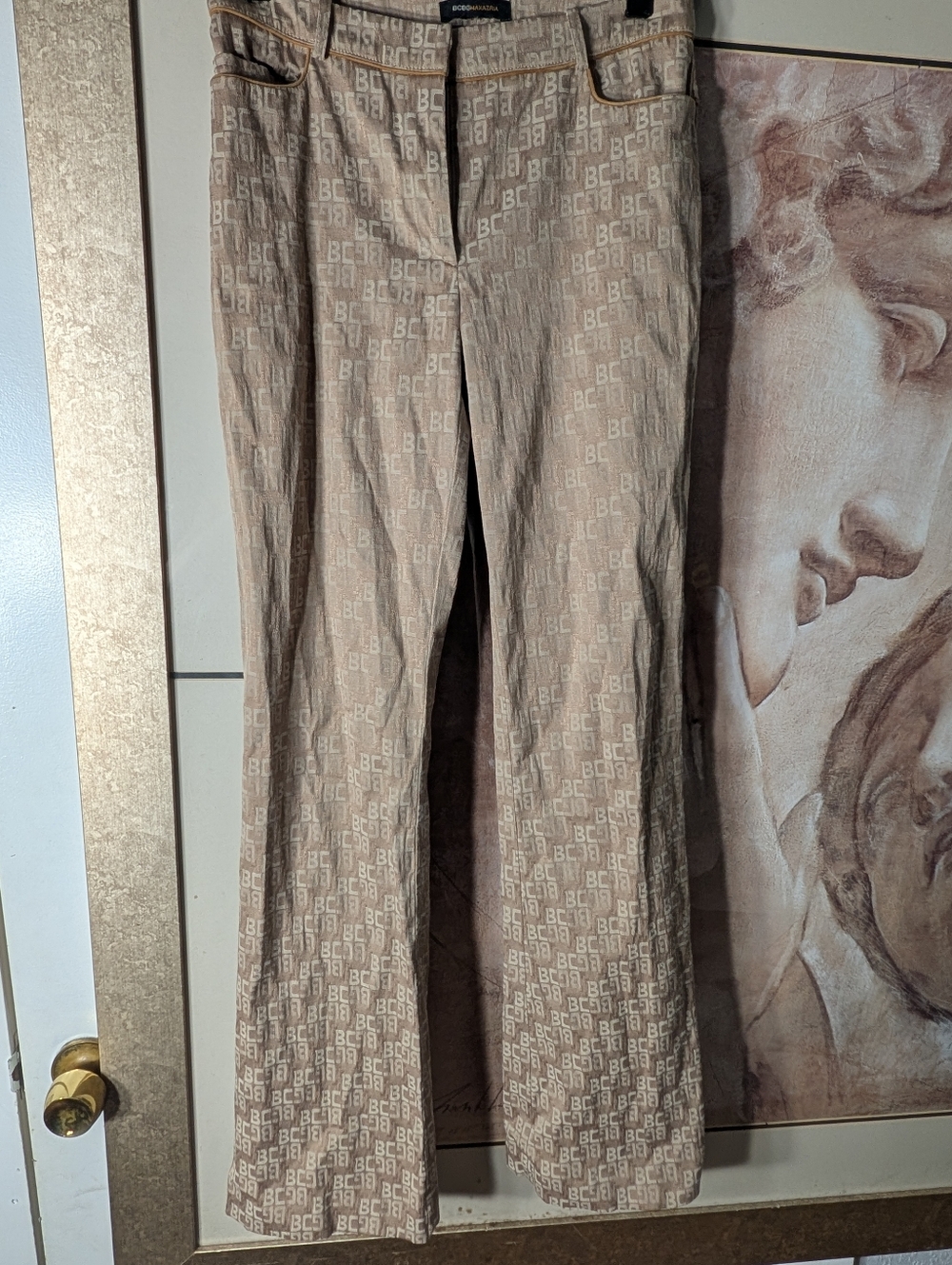 BCBGMaxazria Beige Monogram Flared Pants Size 13/30